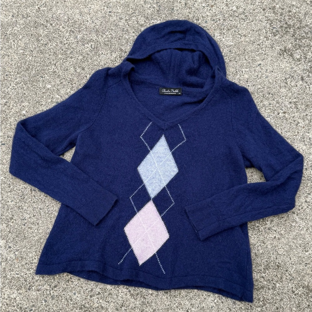 Y2K Claudia Nichole 100% Cashmere Argyle Hoodie Sweater Navy Size S